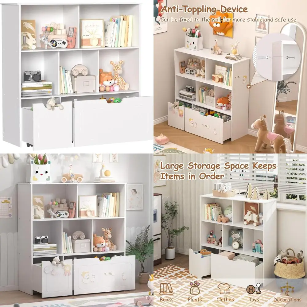 

Детский книжный шкаф на 5 секций с 2 выдвижными ящиками на колесиках, органайзер для хранения игрушек и книг в игровой комнате