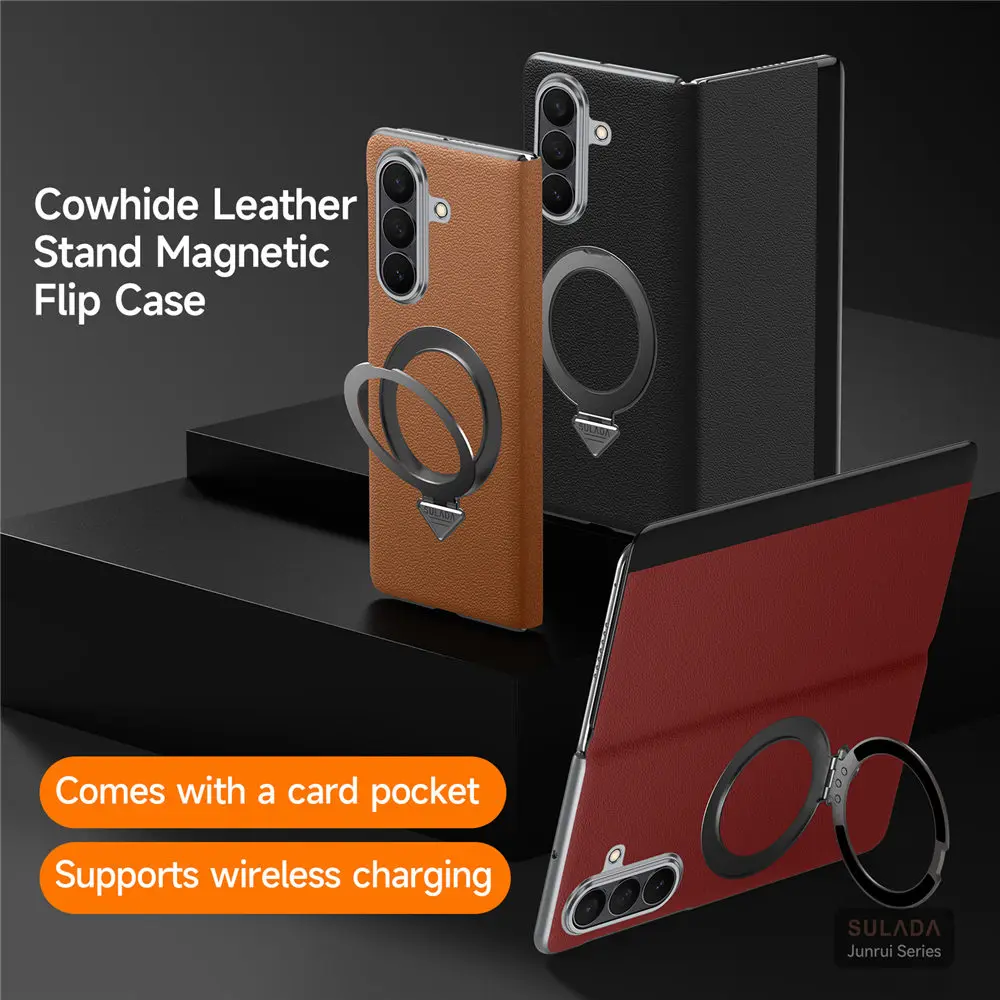

Genuine Cowhide Leather Magsafe Flip Case for Samsung Galaxy Z Fold7 6 Window View Bracket Cover