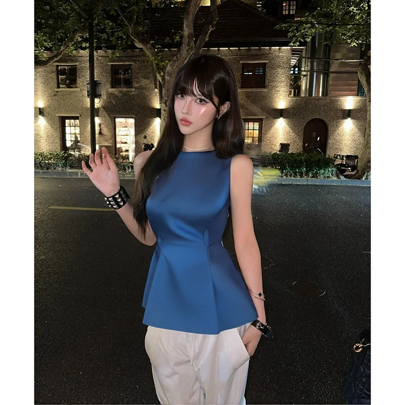 

Slimming Blue round Ne Svel Top Women's Summer Faionable Ele KEKE 2025 New Sle High Waist Contraction Design