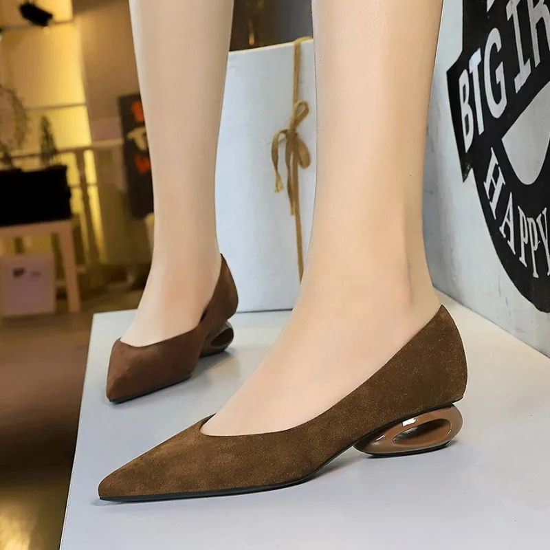 Pumps for Women 3CM Alien Heel Low Heels Shallow Mouth Retro Pointed Toe Leopard Flock Single Shoes Woman Autumn Dark Brown