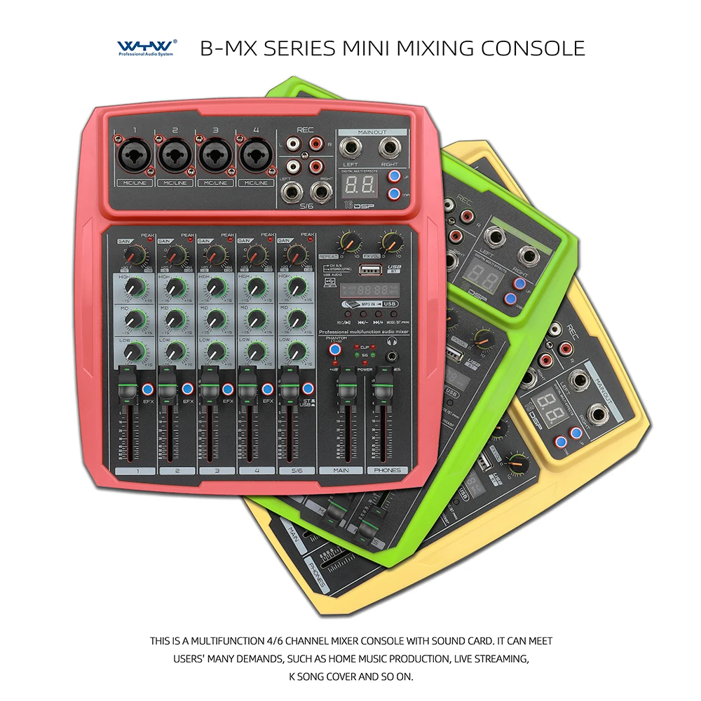 Professional 6 Channels Yellow Color Audio Mixer With Sound Card Usb Interface