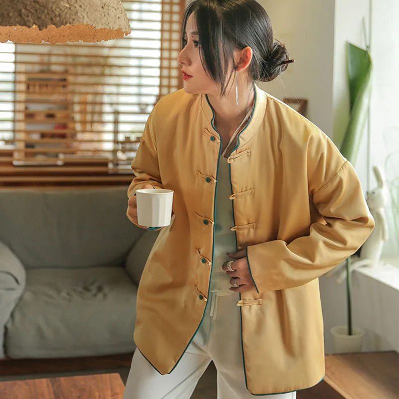 Autumn Winter New Chinese Acetate Satin Solid Color Short Jacket Literary Single Breasted Cardigan Loose Thin Seam Cotton Coat