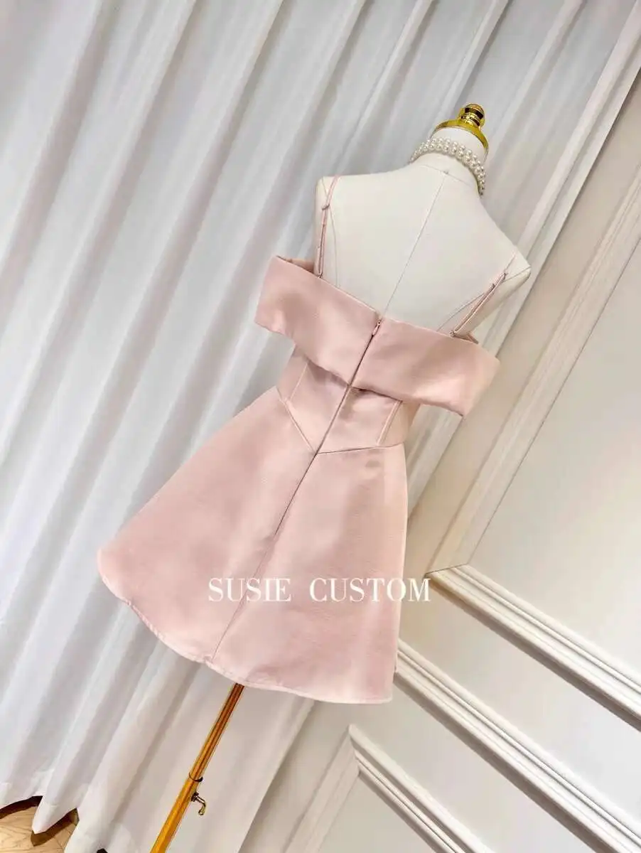 فستان حفلة موسيقية قصير بفيونكة كبيرة للصيف والخريف للنساء بأشرطة مثيرة ورقبة مائلة بدون ظهر للحفلات المسائية باللون الوردي #4