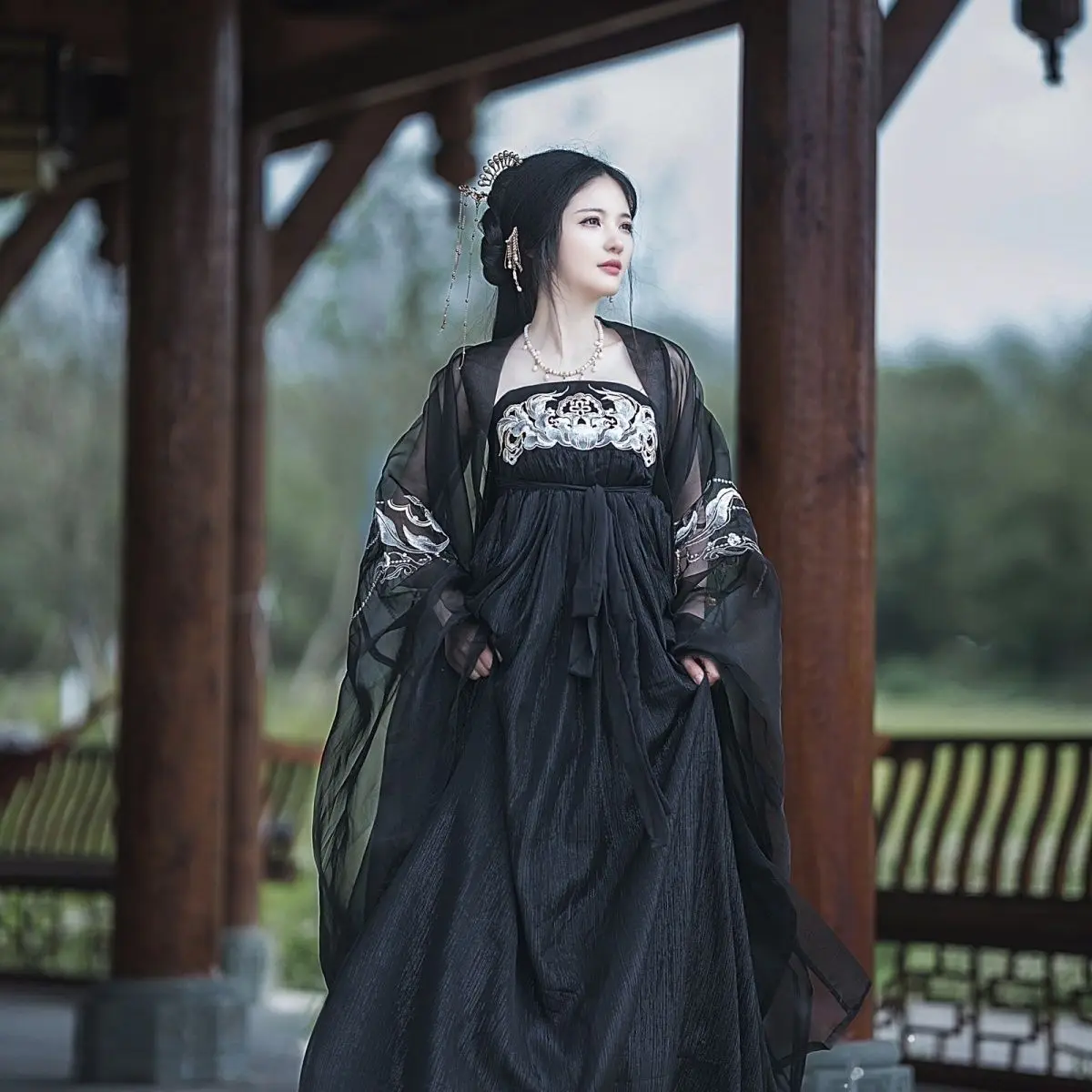 Hanfu-vestido de plumas de tinta, Camelia doble, mangas grandes, bordado negro, Hanfu chino, falda antigua