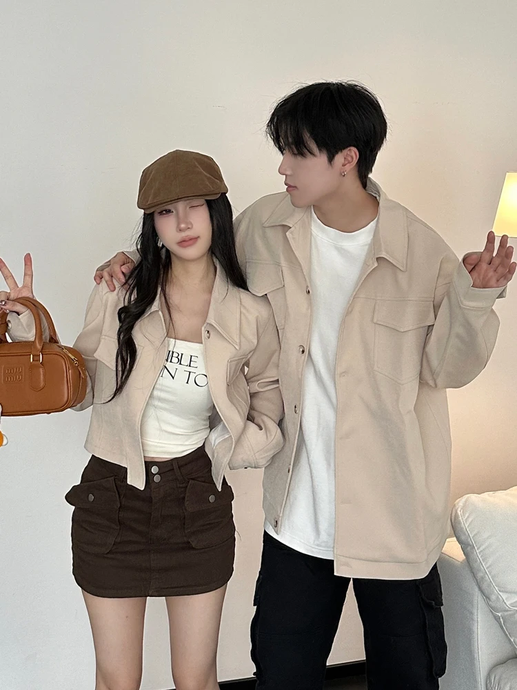 American Retro Jacket Loose Casual Long Short Couple's Outerwear Spring Autumn New Style Pure Color Youth Trend Loose Fit