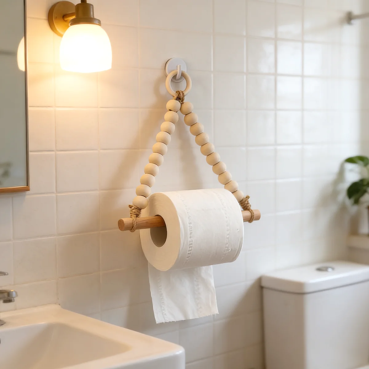 Holz-Taschentuchhalter mit Perlenkette, Massivholz Gewebter Handtuchhalter, Toilettenpapierhalter, Badezimmer-Accessoires