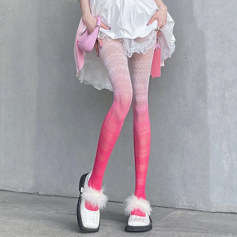 Women Gradient Fishnet Socks Fashion Lolita Tights Female Hollowed Out Leggings Pantyhose Mesh Sexy Stockings Red Pink Ladies