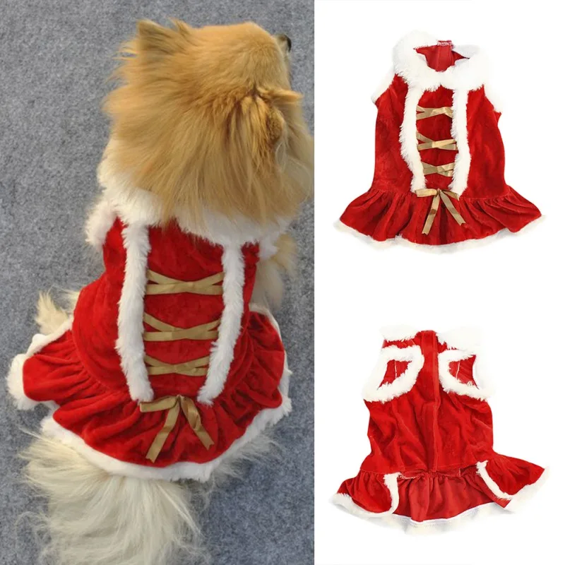 

Christmas Dog Dress With Gold Ribbon Cute Pet Costumes For Christmas Santa Claus Dog Clothes Solid Color Chihuahua Supplies