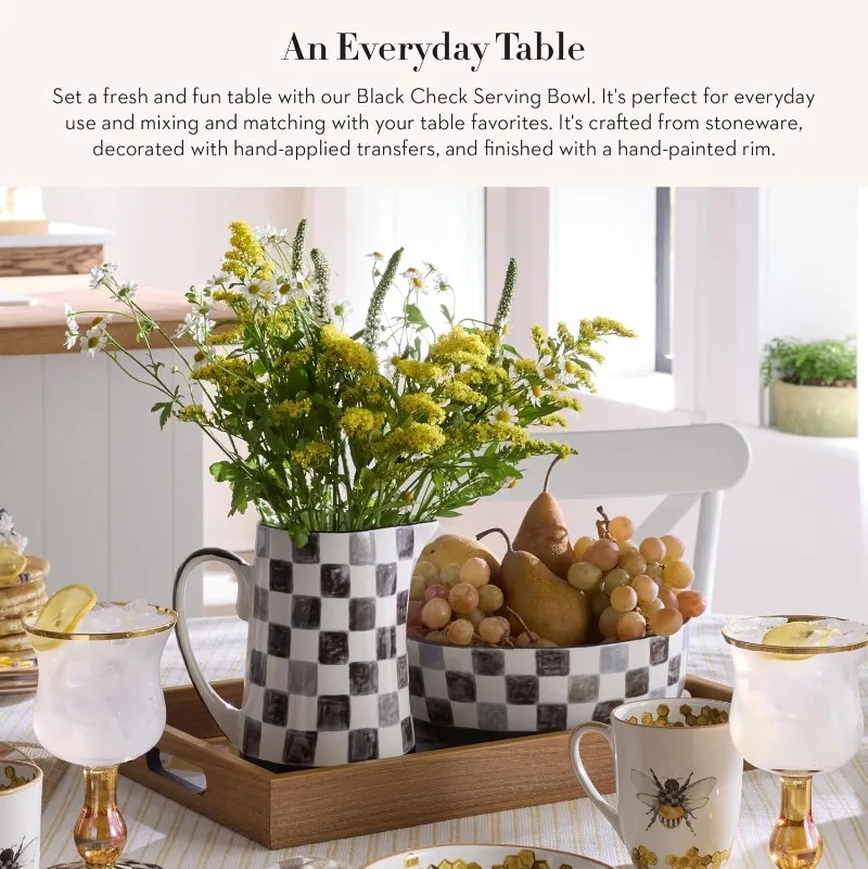 وعاء تقديم من الخزف الحجري مكون من 14 كوبًا، وعاء مزرعة كبير مزخرف للمطبخ، والسلطة، والمعكرونة، والفواكه، وعاء سيراميك، ونمط فحص أسود