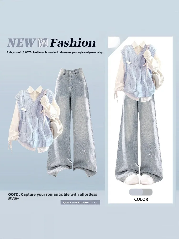 

Blue Knitted Vest Layered Shirt Wide Leg Jeans Winter Fashion College Style Ageless Gentlewomen's Outfit Three Piece Set Fren...