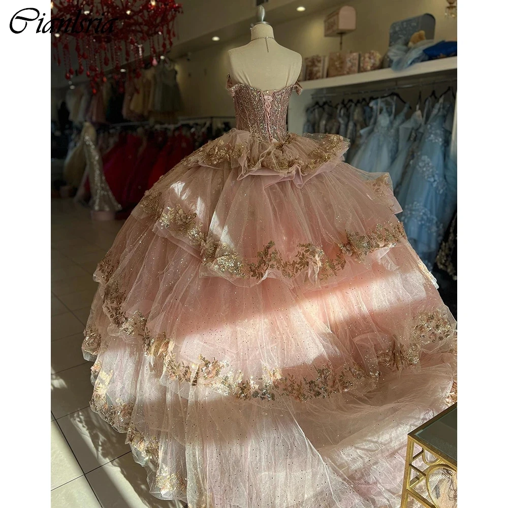 Rose Gold Off The Shoulder Sequined Lace Ball Gown Quinceanera Dresses Ruffles Beading Crystal Corset Vestidos De 15 Años