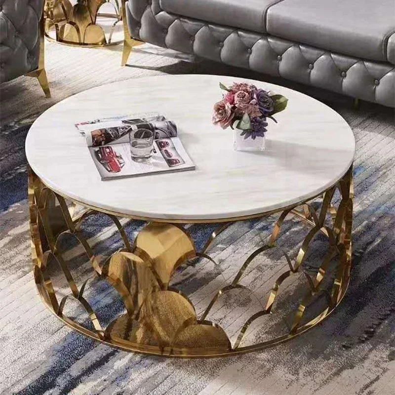 Luxury round gold fish scale stainless steel shaped marble coffee table for home hotel living room cafe table furniture