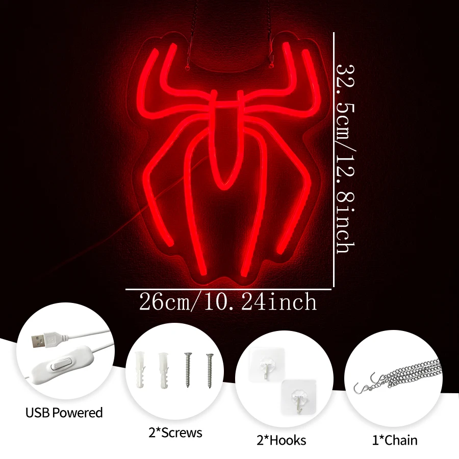 Spider Neon Sign for Room Decor,Anime LED Neon Light for Boys Bedroom Wall Art,USB Powered for Game Room Birthday Party Kid Gift