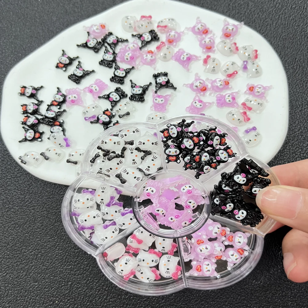 70pcs/Box Sanrio Resin Mixed Nail Decoration 3D Kawaii Hello Kitty-Kuromi Sparkling Flat Back Nail Charms DIY For Manicure Parts