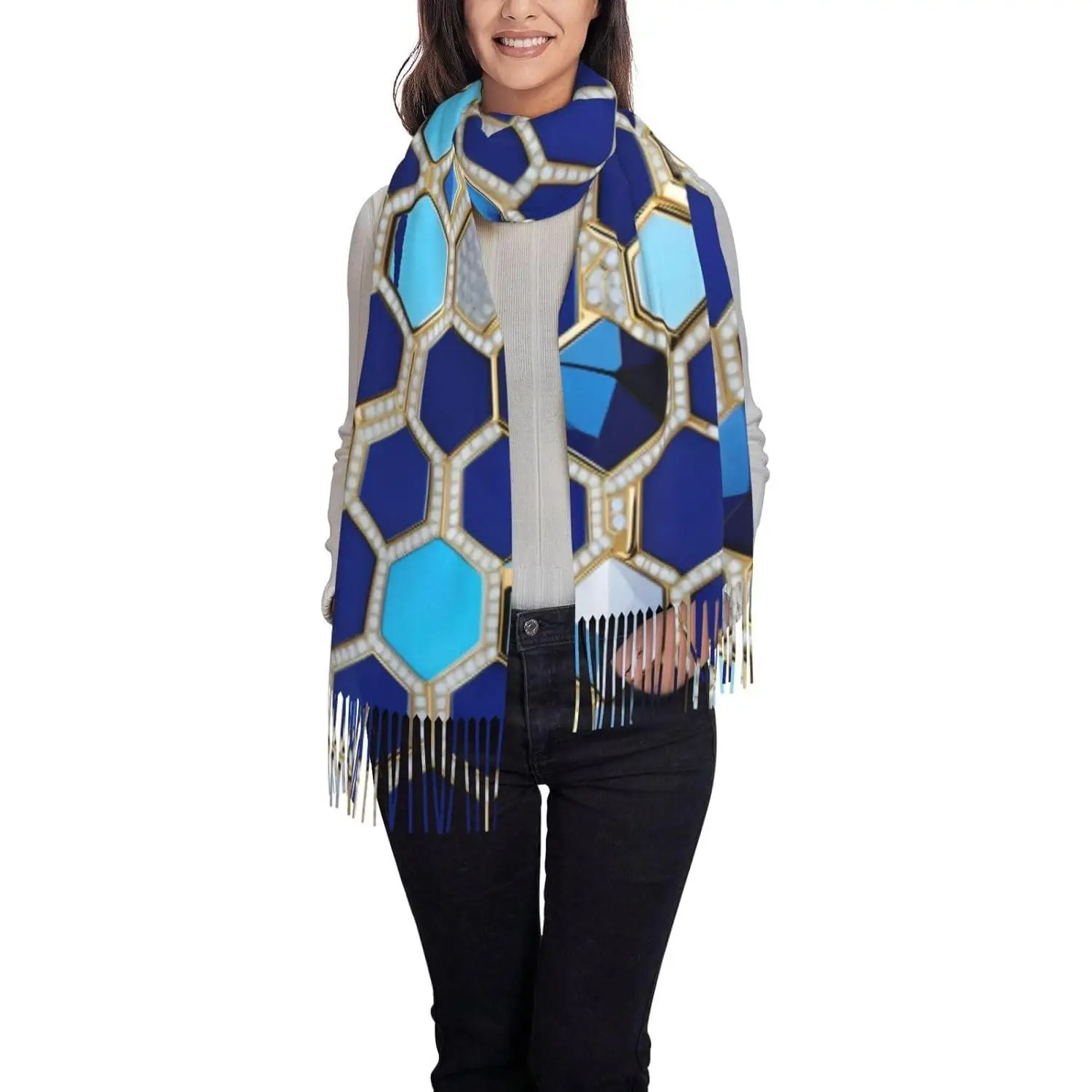 

Женский шарф с бахромой и синими шестиугольниками и ромбовидным принтом, мягкий легкий шарф из полиэстера с кисточками, осенне-зимний модный шарф