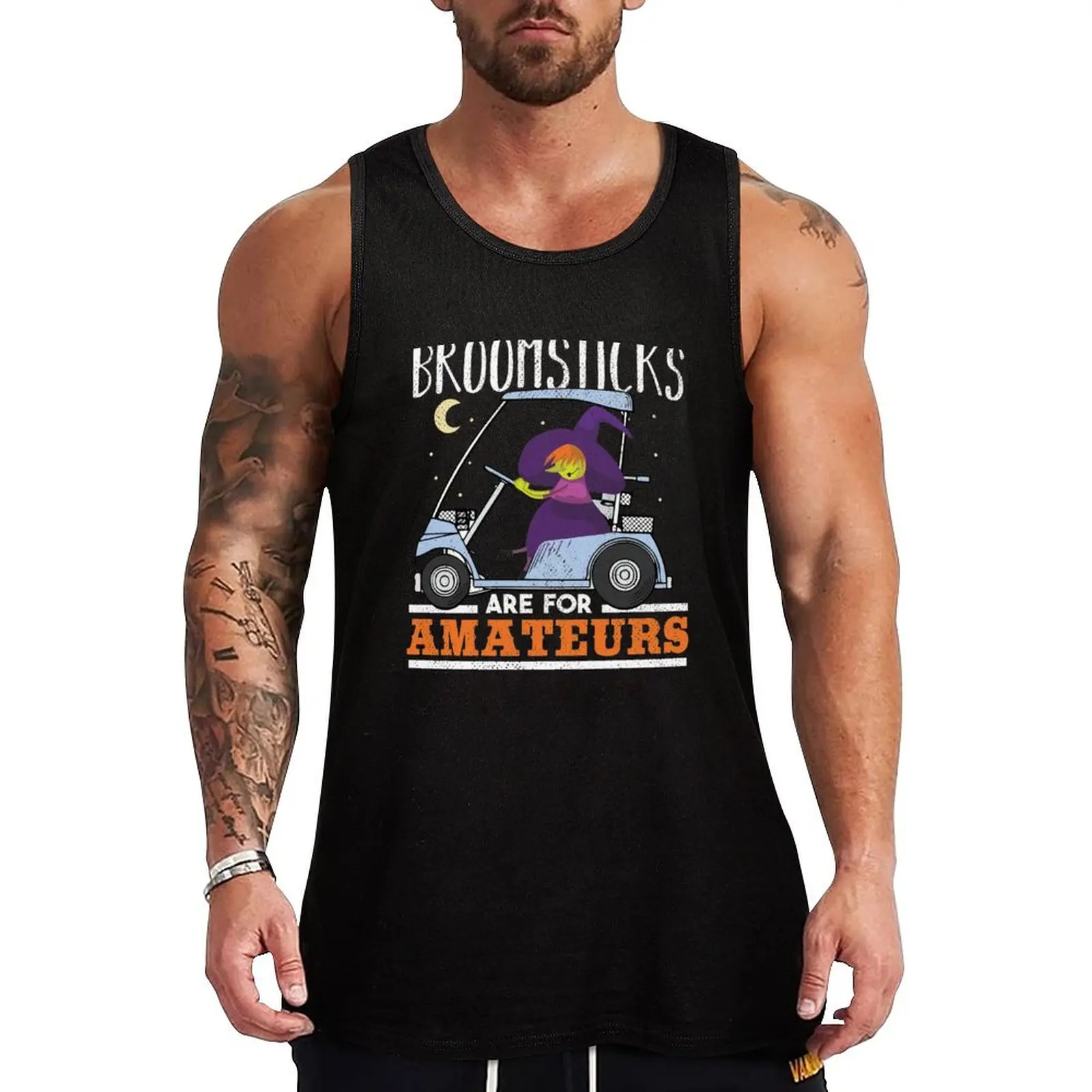 Witch Riding a Golf Cart Funny Halloween Tank Top gym t-shirts Vest bodybuilding men clothes gym shirt man