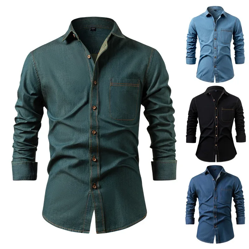 American Style Denim Shirts Men's Pure Cotton Non Iron Solid Color Long Sleeve Casual Jacket with Breast Pocket Autumn Clothing