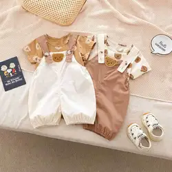 Summer Kids Baby Clothing Set Baby Girls Cartoon Bear Tee and Overalls 2PCS Suit Fashion Infant Boys T-shirt Set