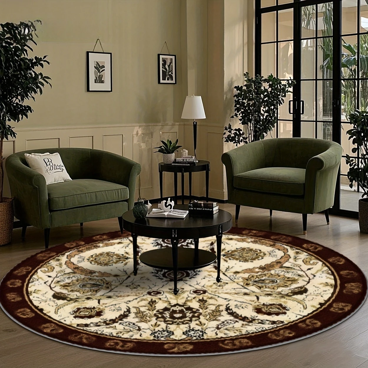Modern Circular Elegant Floral Mat  Glossy Golden Grey Rose Print Round Rug for Minimalist Household Lounge Home Decor