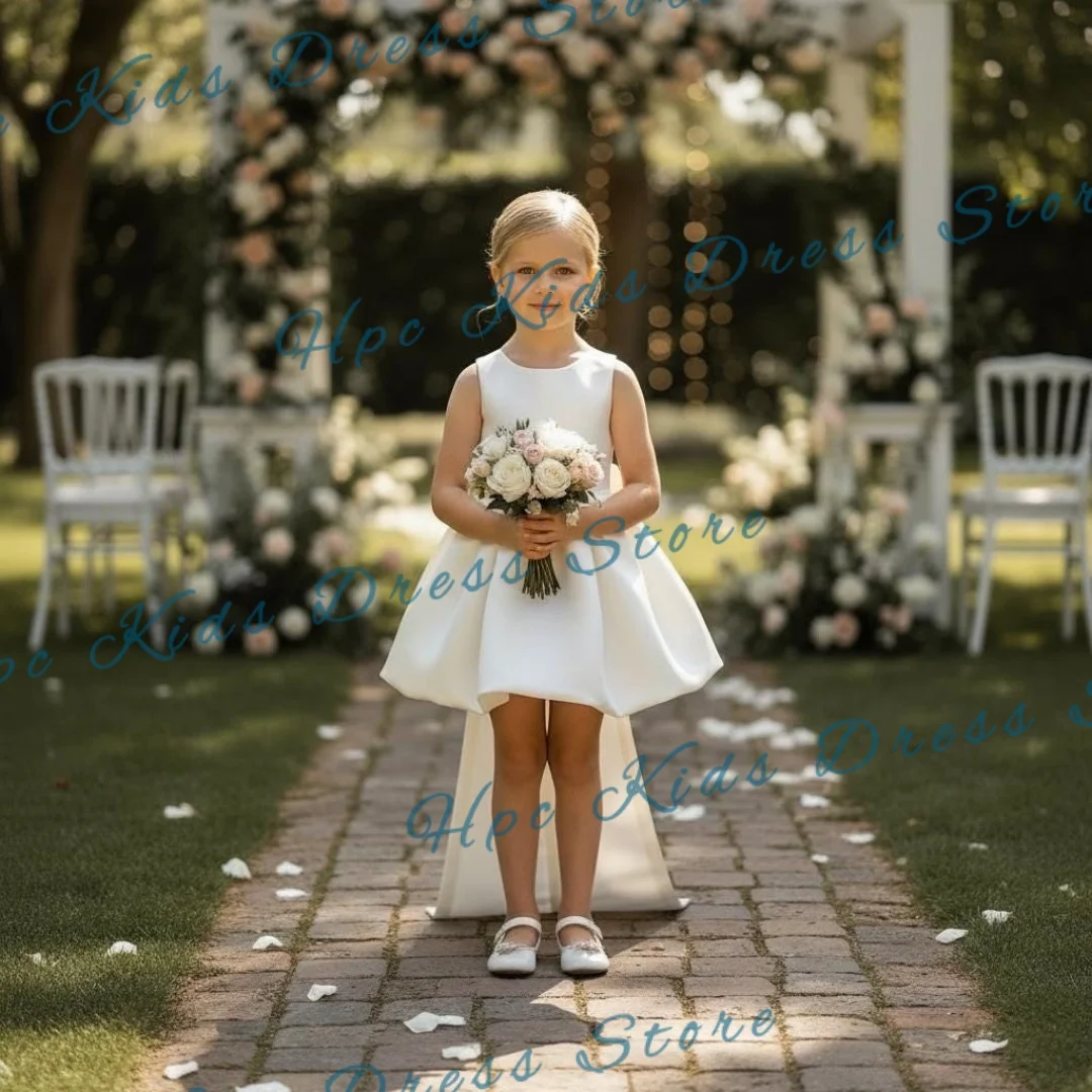 Custom White Satin Flower Girl Dress with High-Low Hem and Bow Back for Wedding Ceremony