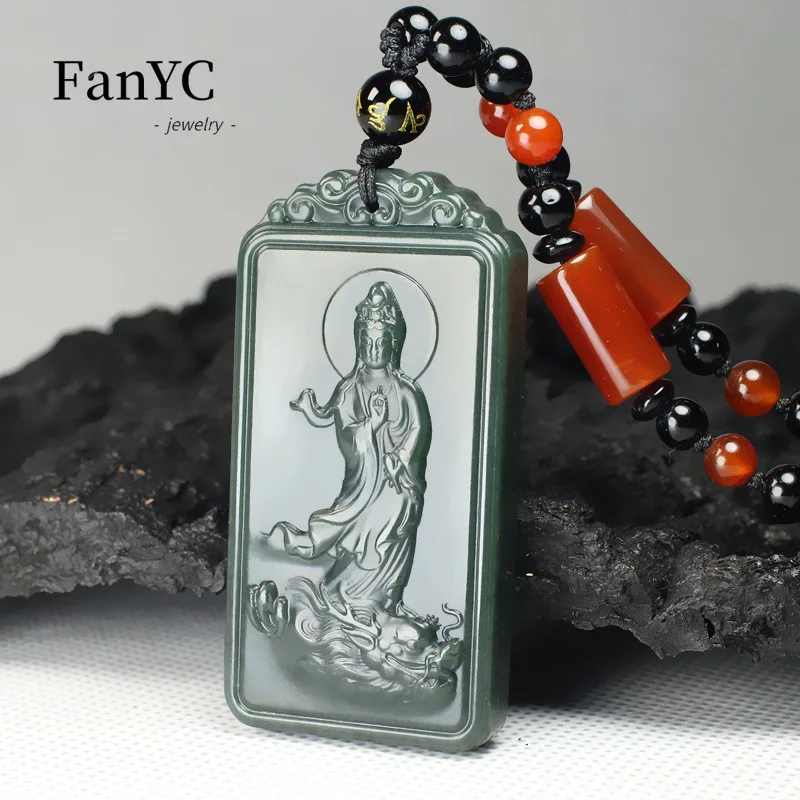 Natural Hetian Jade Qingyu Guanyin Jade Pendant Hand-carved Dragon Guanyin Jade Pendant for Men Senior Personality Mascot