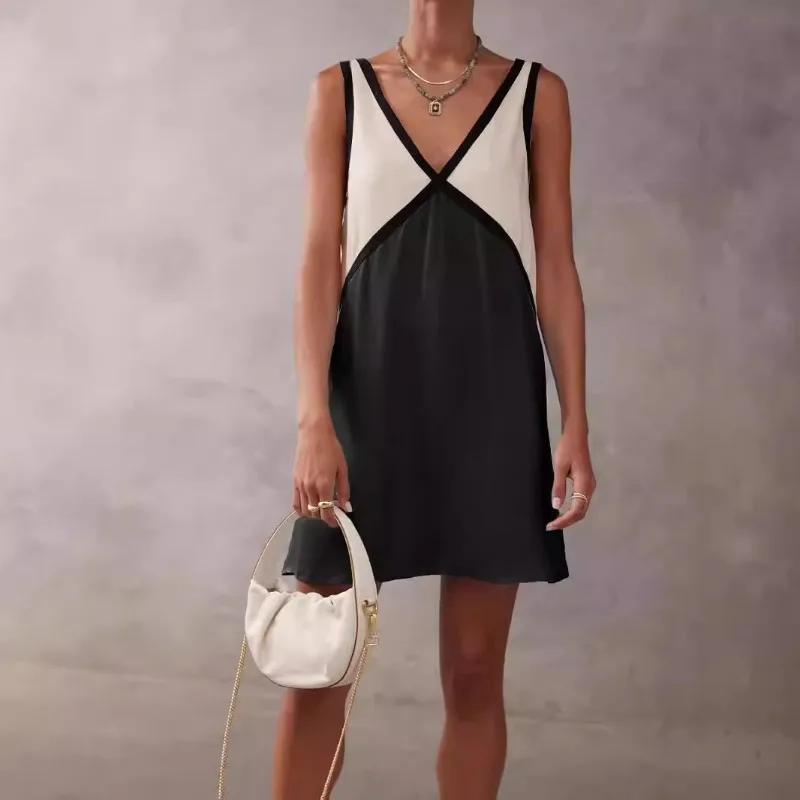 Sexy Y2K Boho Vacation Beach Dress Summer Women Color Block Bohemian Dress Elegant Sleeveless V Neck Loose Mini Dress