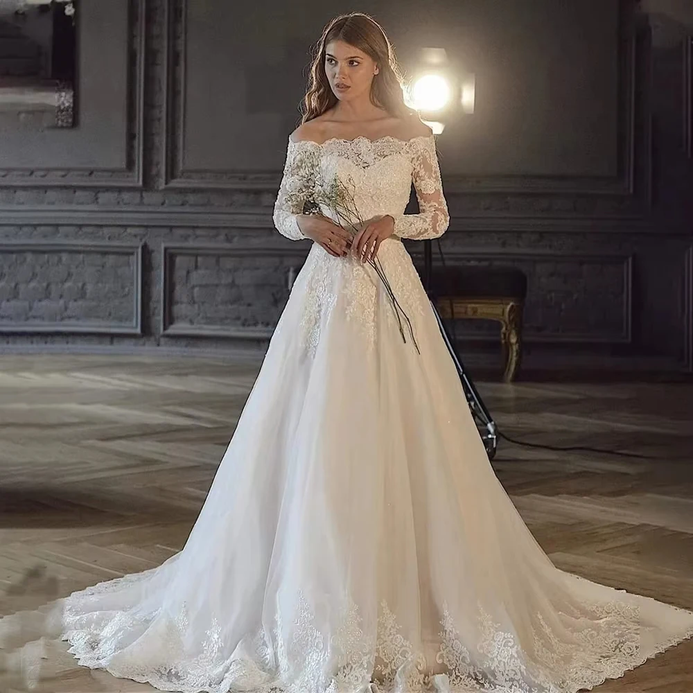 Vintage Wedding Dresses Off Shoulder Long Sleeves Lace Bride Dress Applique A Line Sweep Train Gowns Vestido De Novia Customized