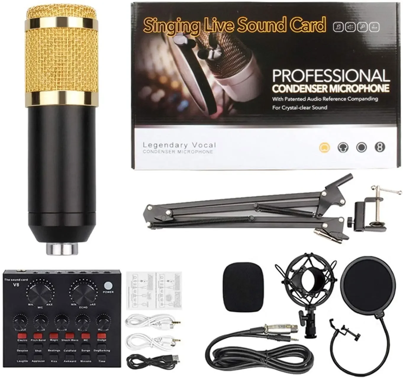 

BM 800 Kit Professional PC V8 Sound Card Set BM800 Mic Studio Condenser Microphone for Karaoke Podcast Recording Live Streaming