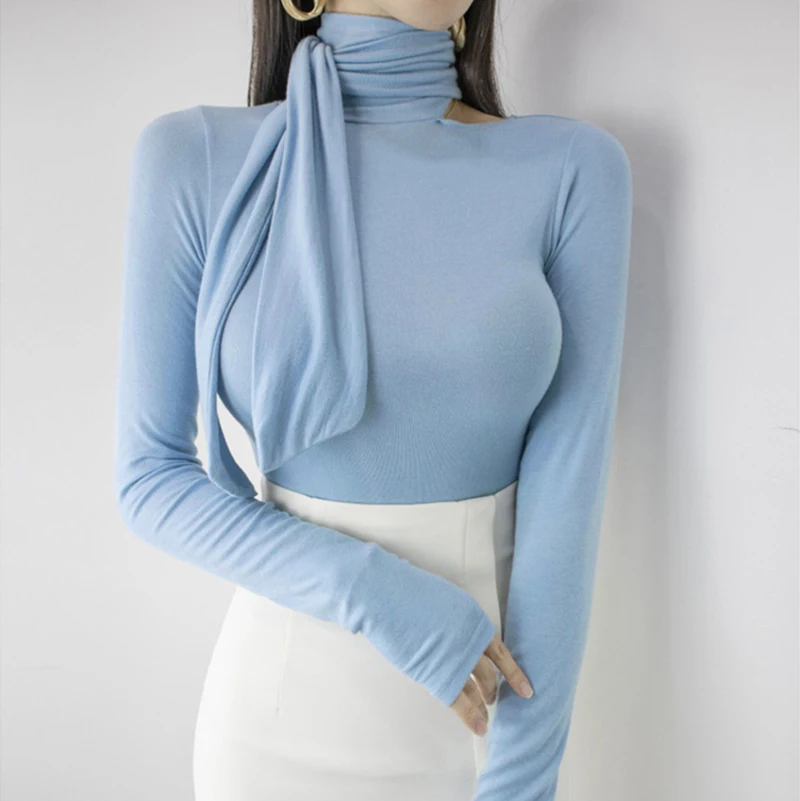 

Slim Fit High Collar Long Sve T-irt Dongda Gate Women's Spring New Sle Belted Base irt Korean Sle Office Commute