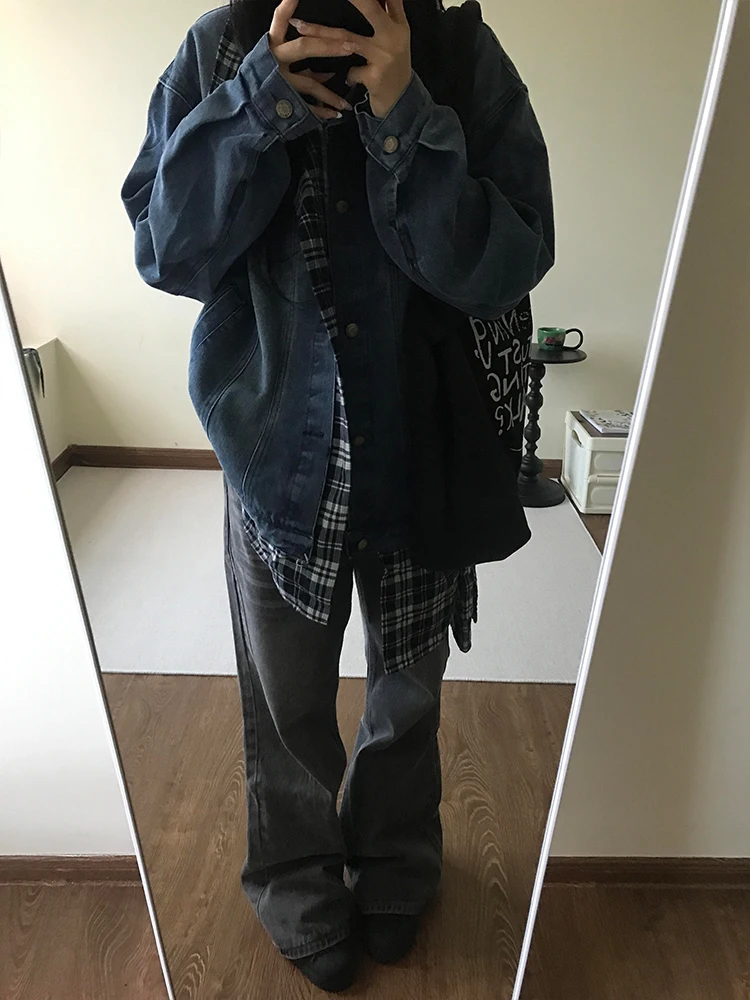 Grote maat Amerikaanse retro high street geruite denimjas dames herfst winter los ontwerp Sense jas bovenkraag knoop...