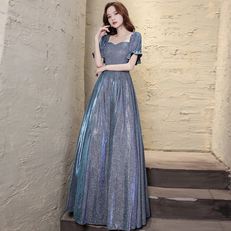 Blue Sequin Evening Dress Women Temperament Celebrity Bridesmaid Long Dresses A-line Elegant Beadding Banquet Party Gown