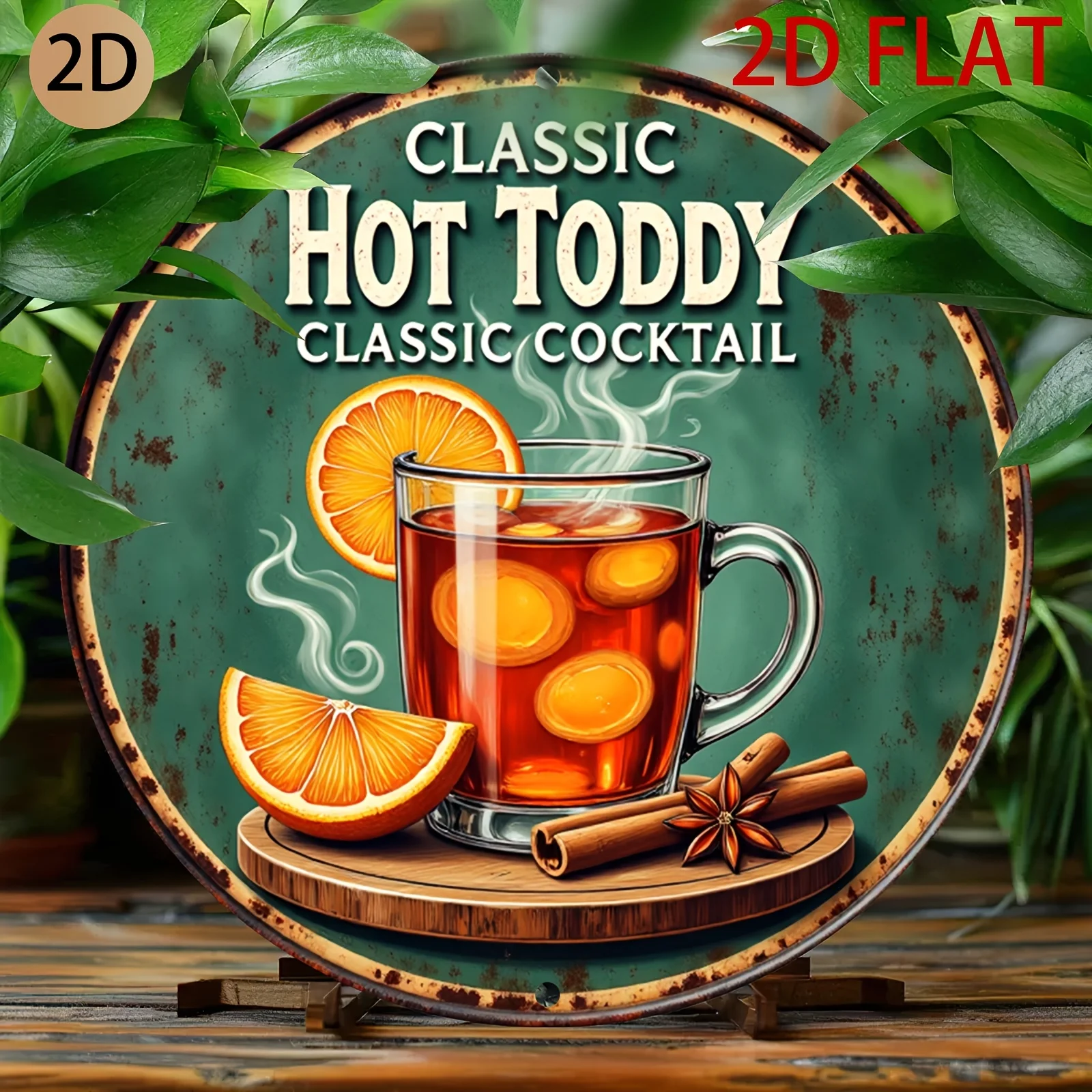 Placa de Metal Redonda 2D para um Coquetel Vintage Hot Toddy, Perfeita para um Bar Retrô ou Decoração de Casa