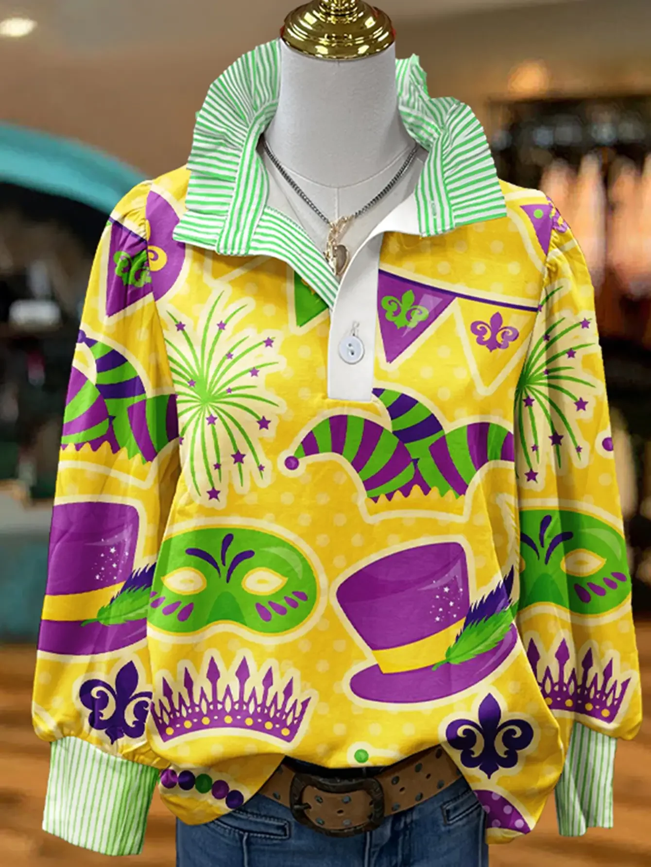 Women's Plus Size Long Sleeve Stand Collar Shirt with Creative Print for Spring, Perfect for Vacation Travel 