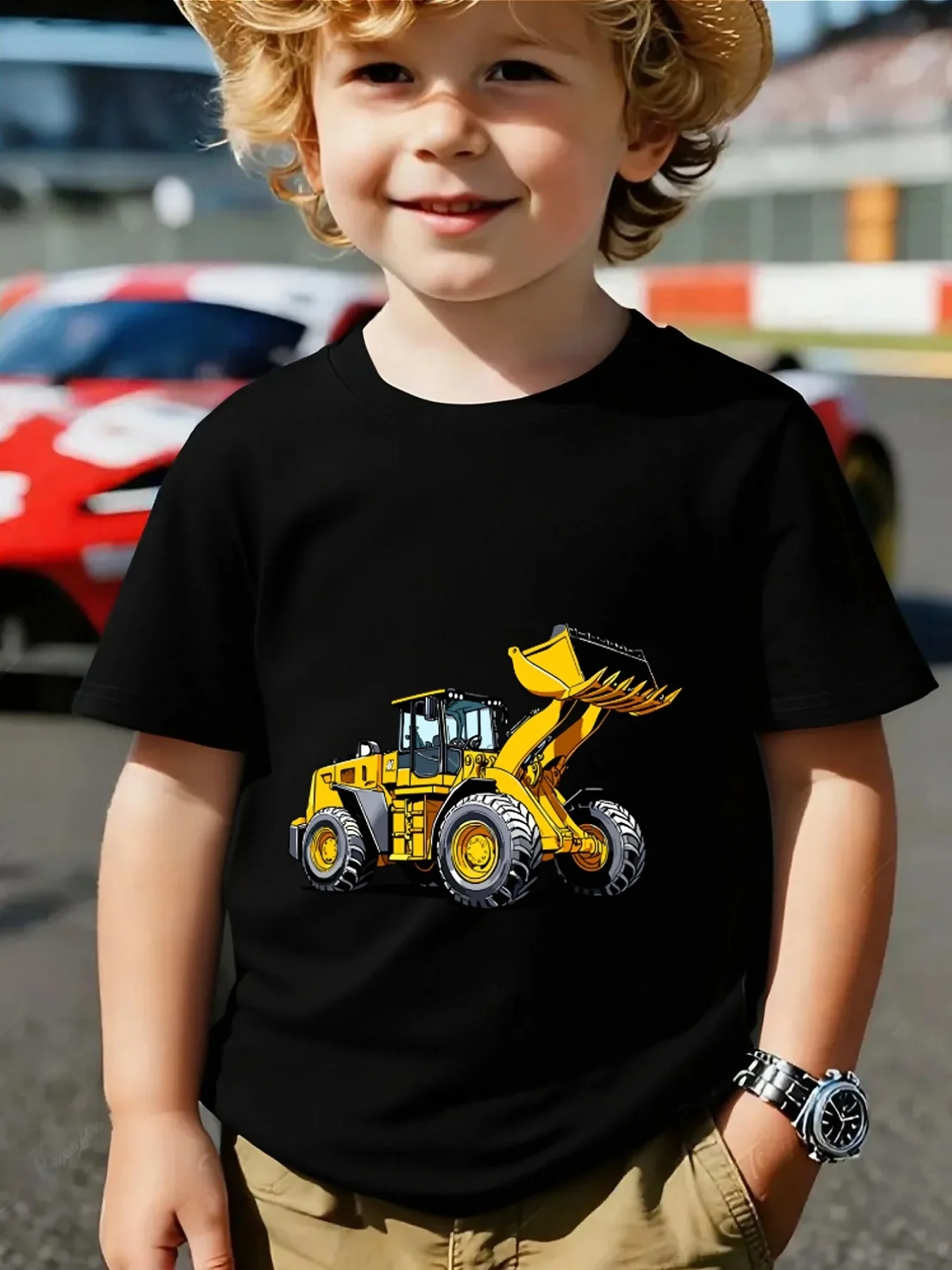 Lovely Construction Bulldozer Truck Machine Graphic Family Matching T Shirts Boys Girls Parent Child Daily Wear Cotton Tops