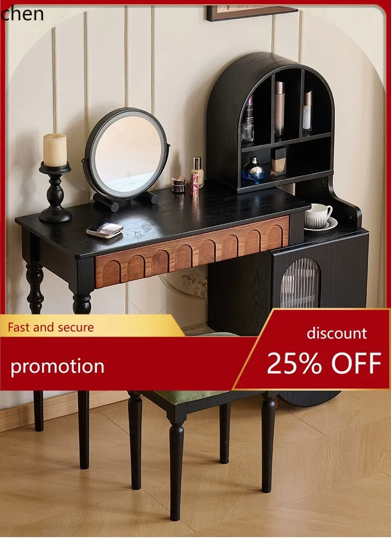HT Vintage Style Dressing Table and Chest of Drawers Integrated Retro Bedside Extendable Makeup Table Solid Wood Dressing Table