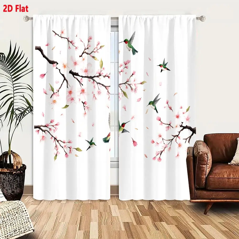 2Pcs Curtains 2D Flat Watercolor Cherry Blossom Branches With Green Leaves And Falling Petals Featuring Hummingbirds In Mid Flig