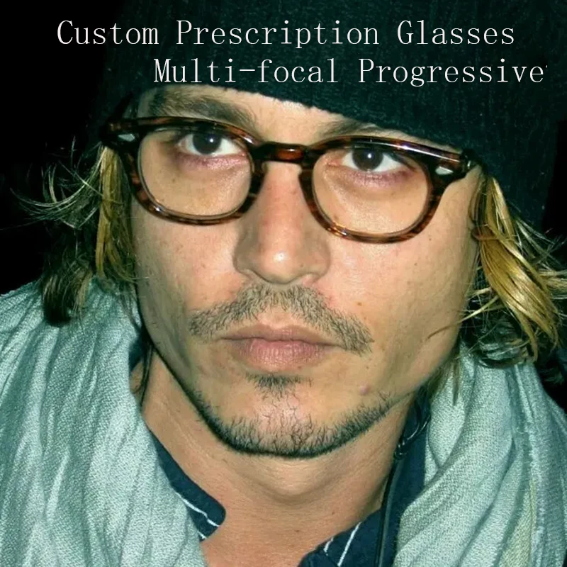 Custom Multi-focal Progressive Prescription Glasses Men Frame Johnny Depp Photochromic Anti-Blue Light Myopia Hyperopia Round
