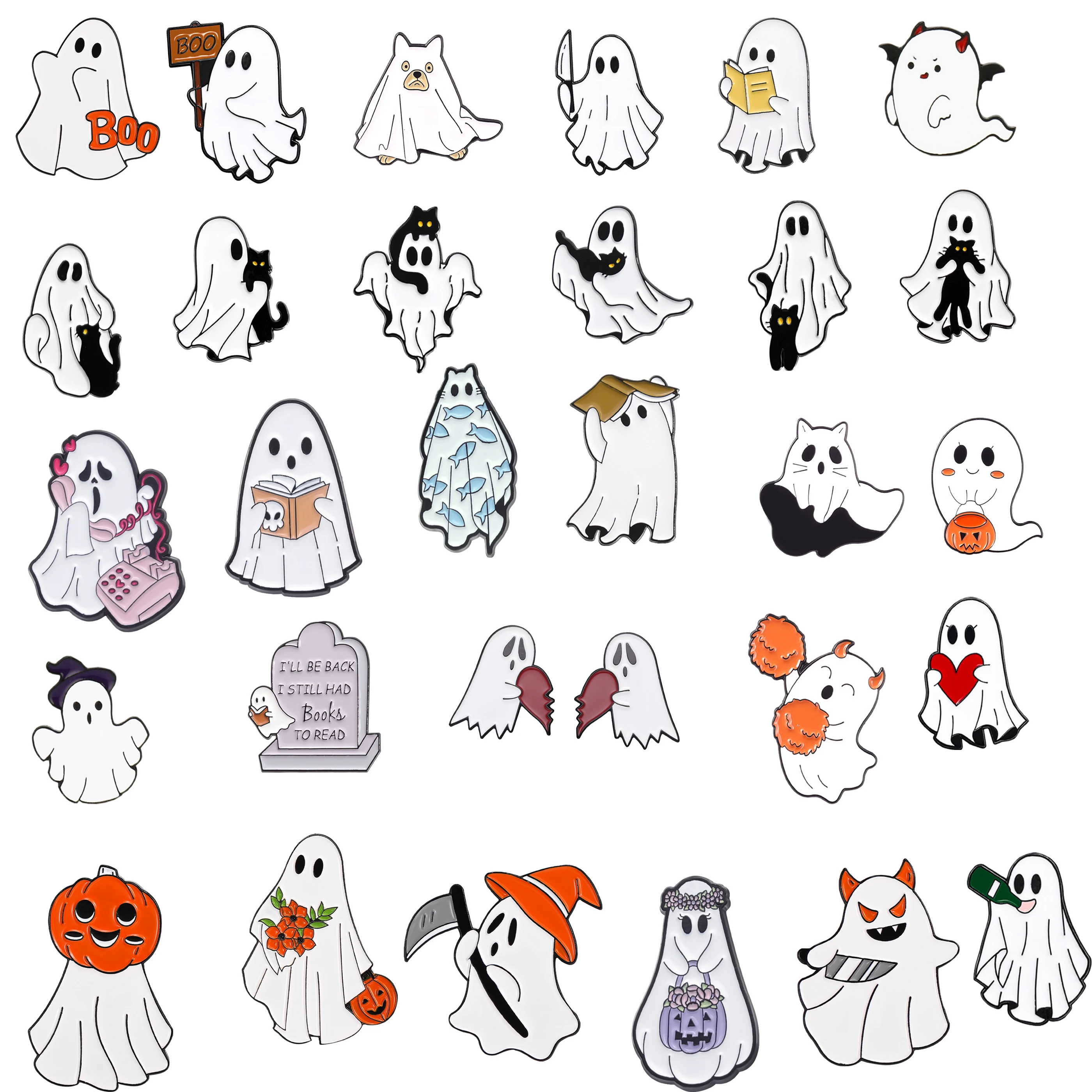 Insignia de la serie de fantasmas de dibujos animados de moda Halloween amor sonrisa calabaza murciélago broche de fantasma blanco-