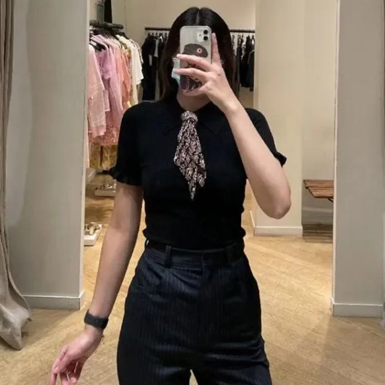 

Women's Daisy Print Bow Lace-up Sweater Sweet Short Sleeve Slim Female Knitted Top and Pulls