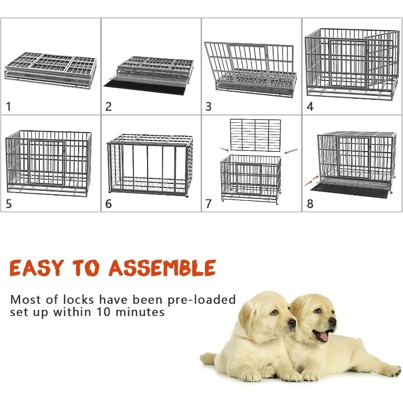 LEMBERI 48/38 inch Heavy Duty Indestructible Dog Crate, Escape Proof Dog Cage Kennel with Lockable Wheels