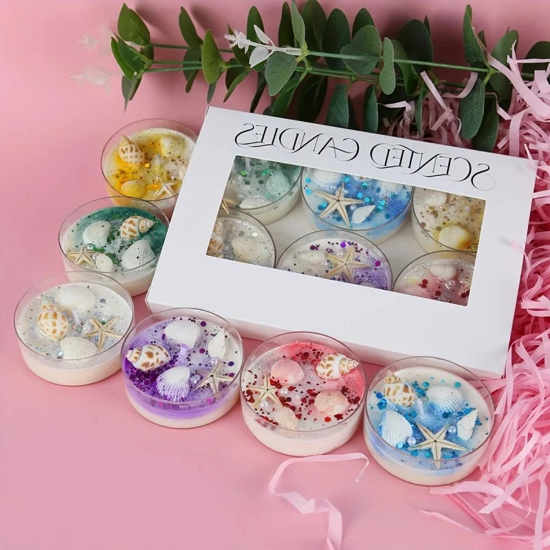 Duftkerzen-Geschenkset mit Muschelmotiv und Perlen- und Glitzerakzenten, perfekt als Valentinstagsgeschenk, 6-teilige Duftkerze