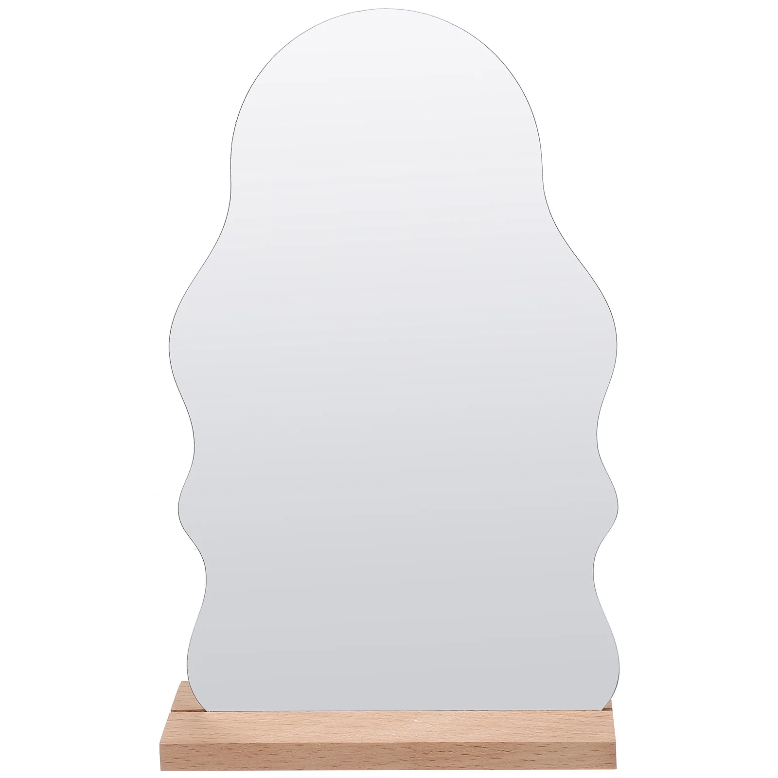 Stijlvolle make-upspiegel van acryl voor bureau Houten basis Staand onregelmatig ontwerp Esthetische tafelspiegel voor make-up tandenpoetsen