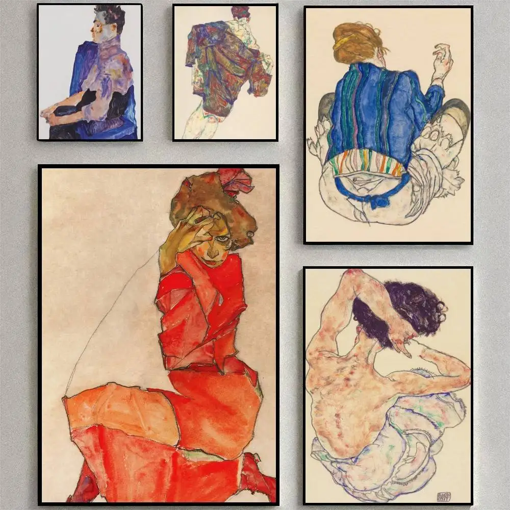 1pc Egon Schiele Body Color Delineation Sketch Figure Poster High Quality Print Waterproof Wall Art Sticker For Bar Living Room
