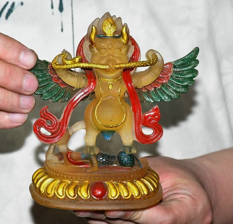 Old Tibet Coloured Glaze Sit Redpoll Winged Garuda Bird Eagle Buddha Statue