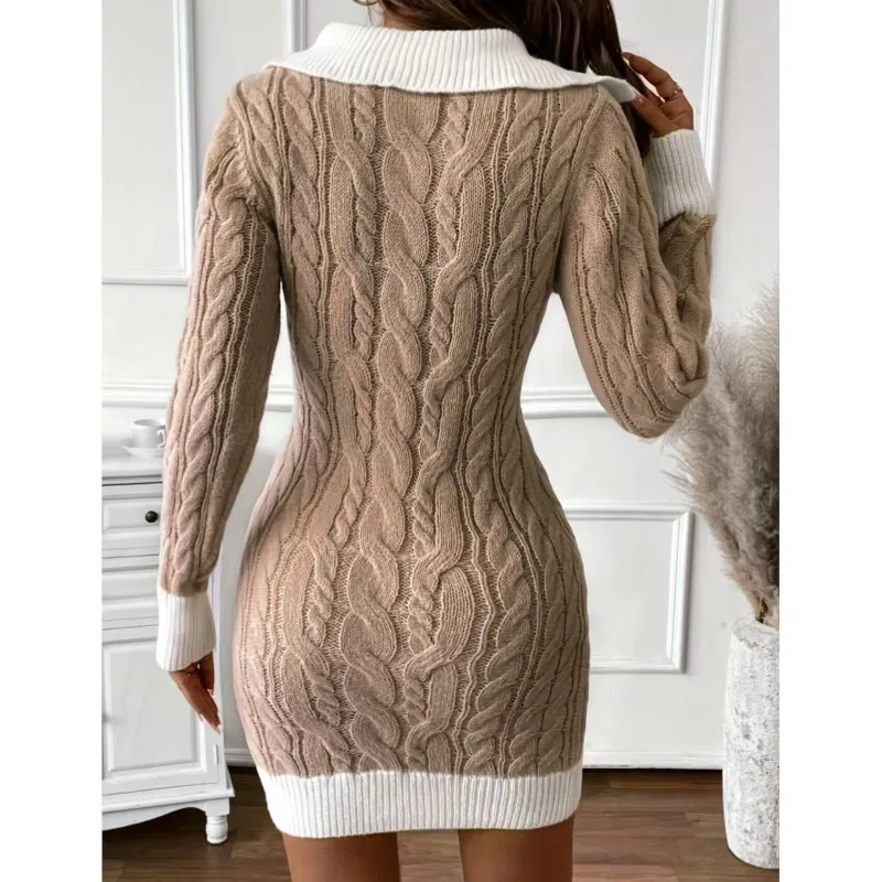 Women Elegant Tight-Fitting Sweater Knitted Dress Autumn Winter V Neck Fashion Color-Blocking Office Mini Dresses For Women