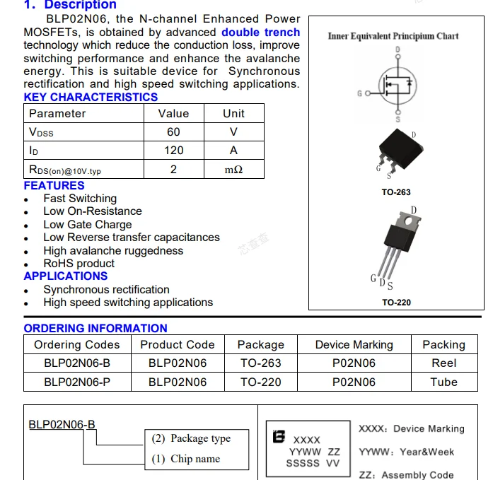 (10 pcs) BLP02N06-P TO-220 P02N06 N-Channel MOSFET 60V 224A 2.3mΩ