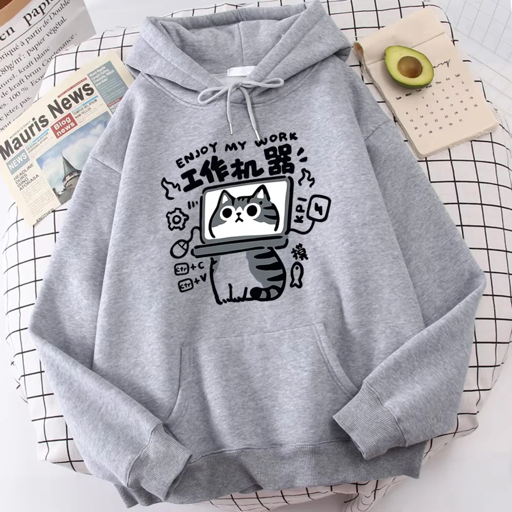 2026 Women Abstract Cartoon Cat Machine Print Hoodie, Comfortable Long Sleeve Pullover, Casual Streetwear Tops For Spring Autumn