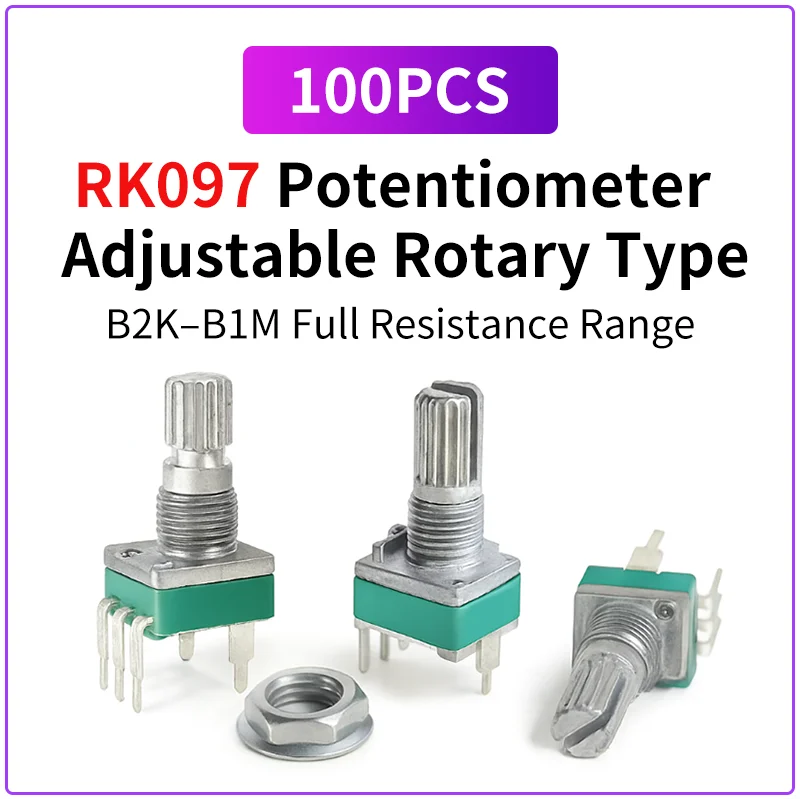 100PCS RK097 15mm Shaft Potentiometer Kit B2K–1M Linear B-Type 3Pin Vertical With Mounting Bracket