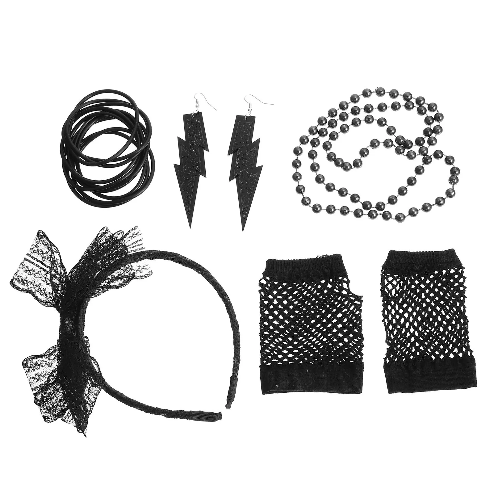 

1Set Theme Party Dress Neon Costume Lace Hairband Unique Earrings Durable Necklace Retro Style Party Supply