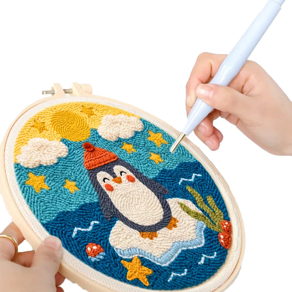 GATYZTORY punch needle embroidery package Sewing Yarn 20x20cm embroidery hoop Decorative For Adults Tufting Penguin stitch kits